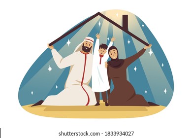 Family, fatherhood, motherhood, childhood, home concept. Muslim arabic man father woman in hijab mother boy child kid son in house together. Family insurance spending time at quarantine illustration.