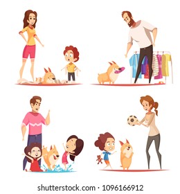 Family with favorite puppy during game, pranks with toilet paper and water, design concept isolated vector illustration