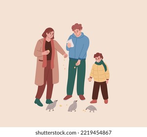 Family feeding the birds. Woman, man, boy feeding pigeons with crumbs, corns, chips. Activity outdoors. Happy characters spending time together. Flat vector illustration.