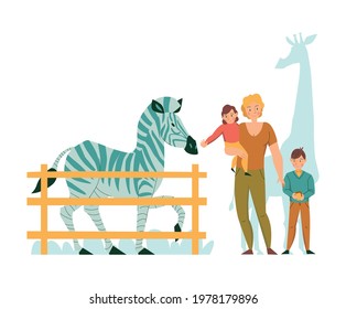 Family feeding zebra in zoo flat composition vector illustration