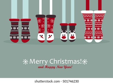 Family  feet in Christmas socks. Winter holiday concept. Happy new year Greeting Card. 
Vector illustration.