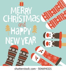 Family feet in Christmas socks. Winter holiday concept. Happy new year Greeting Card. Vector illustration.