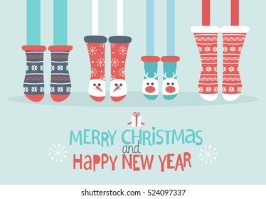 Family feet in Christmas socks. Winter holiday concept. Merry Christmas and Happy new year lettering. Vector illustration.