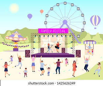 Family festival activities flat vector illustration. Open air live performance. Rock, pop musician concert in park, camp.Children and parents spending time together. Dancing cartoon characters
