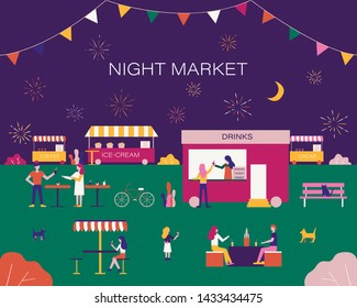 Family Festival Banner with Happy People Walking among Kiosks and Attractions, Buying Ice Cream, Eating at Outdoors Cafe, Night Market, Summer Fest, Food Street Fair, Cartoon Flat Vector Illustration