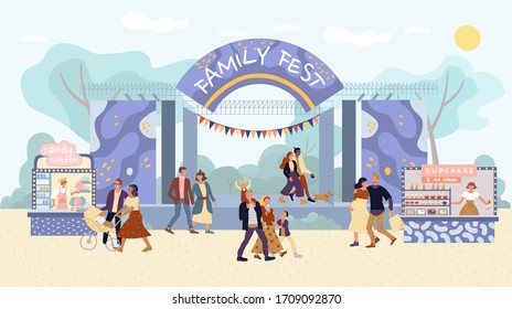 Family festival outdoor activities. Mother, father, children, family couple walking spare time together. Concert stage, confectionary stall market in amusement park. Seller offer cotton candy cupcakes