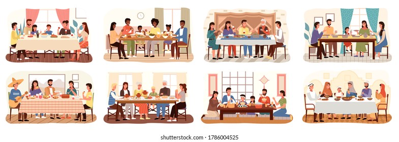 Family at festive dinner scenes set. Children, parents and grandparents eating national dishes together. Holiday dinner meal in various countries. Traditional feast of people different nationalities