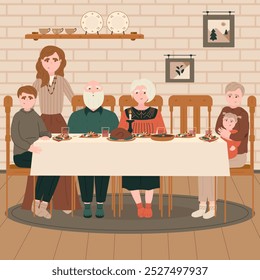 Una familia en una mesa de cena festiva: papá, mamá, abuelo, abuela, hijo, hija se reunieron.  Feliz reunión familiar con múltiples generaciones celebrando el Día de Acción de Gracias o cualquier otra fiesta