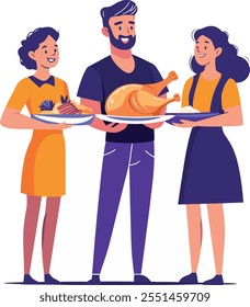 A family with festive dishes. Vector illustration of a man and two women holding festive dishes. New Year's Eve dinner with friends