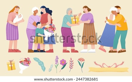 Family and festive elements isolated on beige background.
