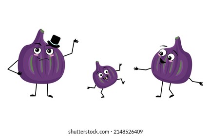 Family of fig fruit character with happy emotions and poses, smile face, happy eyes, arms and legs. Mom is happy, dad is wearing hat and child with dancing pose. Vector flat illustration