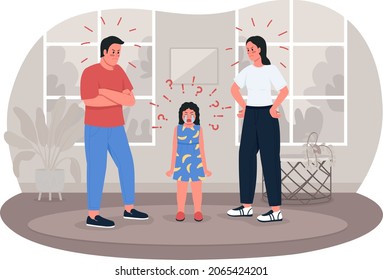 Family fighting 2D vector isolated illustration. Kid stressed over mom and dad. Arguing parents and upset child flat characters on cartoon background. Troubled relationships colourful scene