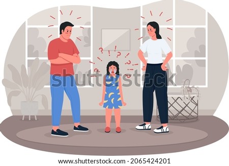 Family fighting 2D vector isolated illustration. Kid stressed over mom and dad. Arguing parents and upset child flat characters on cartoon background. Troubled relationships colourful scene