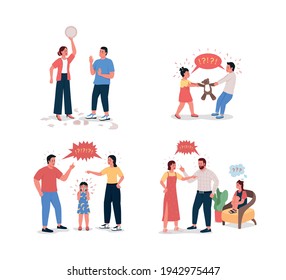 Family fighting flat color vector detailed character set. Wife scolding husband. Children arguing. Relationship problem isolated cartoon illustration for web graphic design and animation collection