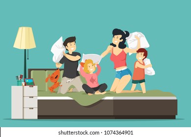 the family is fighting with pillows on the bed. Vector illustration.