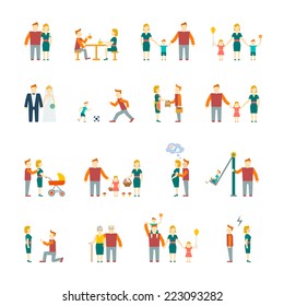 Family figures flat icons set of parents children married couple isolated vector illustration