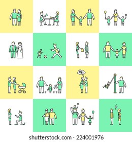 Family figures friends togetherness couple flat line icons set isolated vector illustration