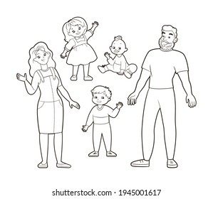 Conjunto de figuras familiares - padre, madre, hijo, hija y bebé. Libro de Colores para niños, Ilustración vectorial en estilo de caricatura, arte de línea aislada en blanco y negro.