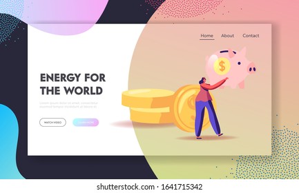 Family Finance Budget Economy Website Landing Page. Woman with Piggy Bank in Hands Stand near Golden Coins Pile. People Saving and Collect Money Web Page Banner. Cartoon Flat Vector Illustration