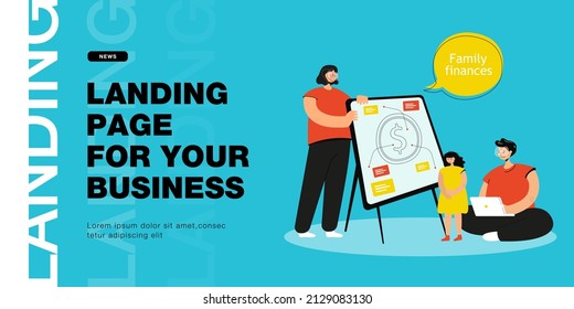 Family finances lesson flat vector illustration. Mother, father with laptop and daughter studying board with financial diagram at home. Money, family, financial literacy concept for banner design