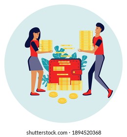 Family Finances And Savings. Man And Women Collecting Money Together In Wallet For Family Budget. Earn Money. Financial Stability. Cash Savings. Save Money. Safety Cushion In A Crisis Situation. 