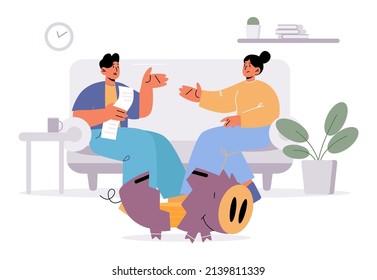 Family Financial Crisis Concept, Young Couple Holding Long Bill Discuss Budget Problems With Broken Piggy Bank Nearby, Finance And Money Collapse, Credit, Mortgage Burden Line Art Vector Illustration