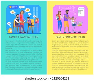 Family financial plan posters people shopping according to list, boy in trolley pulled by father mother carrying daughter on hands vector illustration