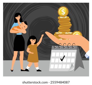 Family financial planning, emphasizing support, budgeting, and savings with mother parenting along with coins, calendars, and symbols of monetary concern. Flat vector modern illustration 