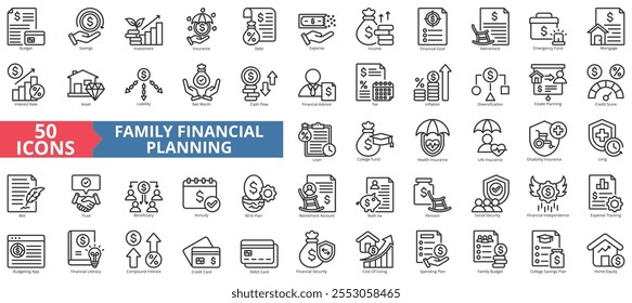 Conjunto de colecciones de ícono de planificación financiera familiar. Contener presupuesto, ahorros, inversión, seguro, deuda, gasto, ingreso, meta, jubilación, fondo de emergencia, hipoteca, tasa de interés, activo, pasivo, vida