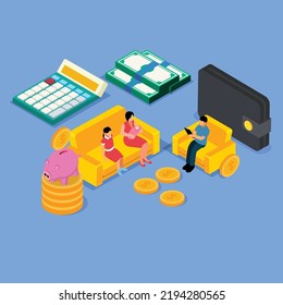 Family financial planning for kids education isometric 3d vector illustration concept for banner, website, illustration, landing page, flyer, etc.