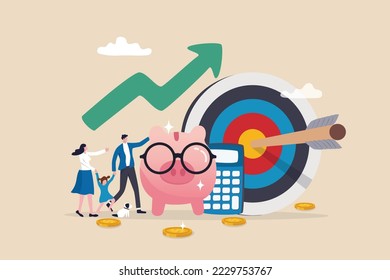 Family financial planning, saving or investment plan, money and wealth management, budget, debt and mortgage, pension fund concept, family people with piggy bank, calculator and financial target.