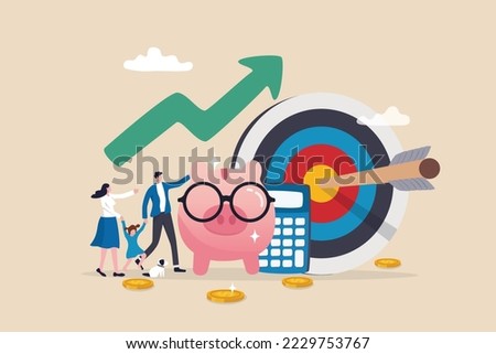 Family financial planning, saving or investment plan, money and wealth management, budget, debt and mortgage, pension fund concept, family people with piggy bank, calculator and financial target.