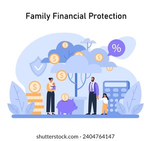 Family Financial Protection concept. Securing future wealth with strategic savings and investing. Fostering fiscal stability for generations. Flat vector illustration.