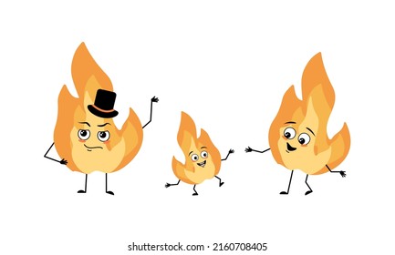 Familia de personaje de llama de fuego con emociones y poses felices, cara de sonrisa, ojos, brazos y piernas. Mamá está feliz, papá lleva sombrero y niño con pose de baile. Ilustración plana del vector