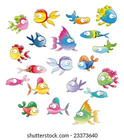 Family of fish. 
Funny cartoon and vector character