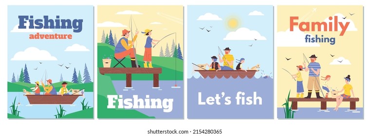 Family fishing adventure posters or banners set flat vector illustration. Cards or posters bundle with cartoon family members fishing together for active vacation.