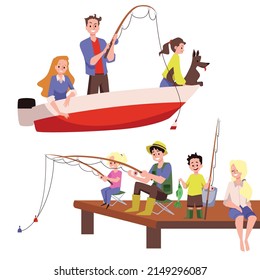 Family fishing from boat and bridge set of flat vector illustrations isolated on white background. Family relationships bonding hobbies and joint activities.