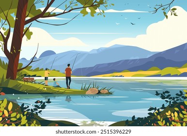 Family fishing by lake serene nature landscape colorful scenery mountains trees water outdoor activity peaceful scene