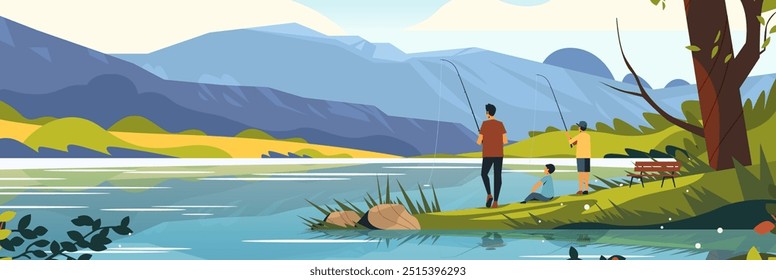 Family fishing by a serene lakeside with mountains in the background and lush greenery surrounding the scene