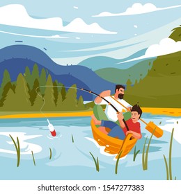 Family fishing camping. Family adventures, father and son concept illustration. Place to enjoy the outdoors. Guys fishing in a boat on a lake on a background of mountains, a beautiful national park.