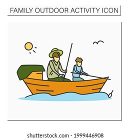 Family fishing color icon.Father and son fishing together in canoe.Parents and child activity, fatherhood concept.Boy and dad summer recreation. Isolated vector illustration