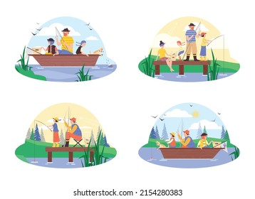 Family fishing elements or banners set for website or app, flat vector illustration isolated on white background. Cartoon characters of children and adults fishing.