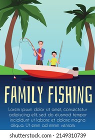Family fishing and holidays on nature poster or banner layout, flat vector illustration. Family summer vacation on the water and fishing camp promo banner.
