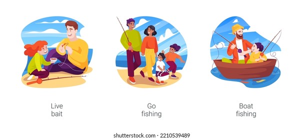 Familienfischerei einzeln Cartoon Vektorgrafik Set. Der Mensch hackt das lebende Bate, Fischen mit Kindern, Familienurlaub am See, Angelruten halten, Fisch vom Boot fangen, Ferienkartoon.