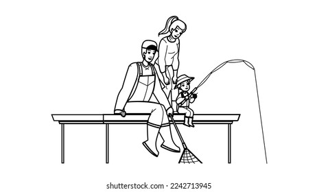 family fishing line pencil drawing vector. father lake, summer son, outdoors river, nature boy, childhood rod, man water family fishing character. people Illustration