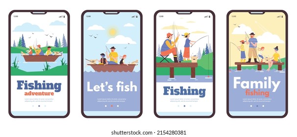 Family fishing onboarding pages kit for mobile app, flat vector illustration. Mobile application interface for active family vacation and weekend getaway in nature.