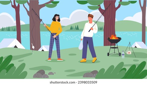 Family fishing outdoor concept. Man and woman with fishing robs near lake or river. Active lifestyle and leisure outdoor. Travelers and tourists in forest. Cartoon flat vector illustration