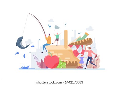 Family Fishing And Picnic Vector Illustration Concept Showing a family enjoying picnic and fishing in outdoor activity, Suitable for landing page, ui, web, App intro card, editorial, flyer, and banner