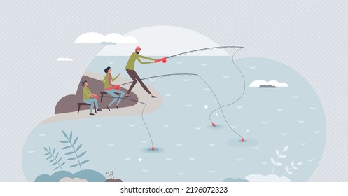 Family fishing scene with father, mother and kid together tiny person concept. Lake or river leisure activity with outdoor recreation sport vector illustration. Relationship bonding holiday weekend.