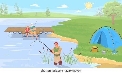 Family fishing spend time together cartoon vector illustration. Fishery hobby, travelling, active vacation and camping concept